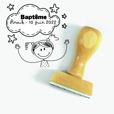 Baptême fillette malicieuse tampon à personnaliser 5 cm | Tamporelle